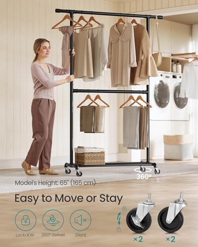 SONGMICS Heavy-Duty Clothes Rack, Double-Rod, Metal Frame on Wheels