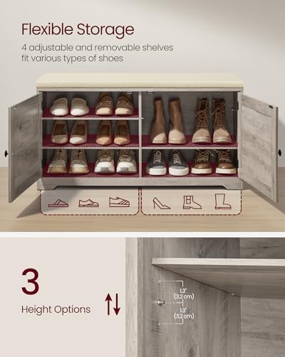 VASAGLE 3-Tier Shoe Storage Bench with Cushion, 14 x 39.8 x 20.7 Inches