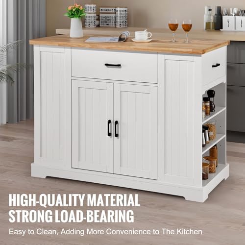 VEVOR 46" Wood Top Breakfast Bar with Storage Cabinet, Farmhouse Kitchen Table with Adjustable Shelf, Drawer, for Dining Kitchen Living Room, White