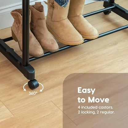 IRIS USA Portable Double-Rod Height Adjustable Clothes Rack with Extendable Bar and Lockable Wheels, Rolling Garment, Double Rod Wardrobe Rack, Easy Assemble, for Clothes, Belts, Shoes, and Bags