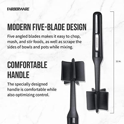 Farberware Meat Masher and Chopper Tool with 5 Beveled Blades - Ground Beef Chopper, Potato Masher, Batter Stirrer - Heat Resistant to 450 F, Dishwasher Safe