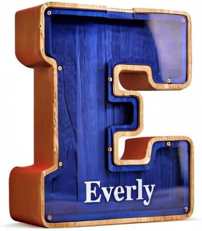 Customized Name Large Wooden Piggy Bank for Kids Boys Girls Alphabets Letter A-Z Coins Bills Money Change Bank Box Initial on Clear Cover (Laser Engraved) (Alphabet-E, Personalized-9")