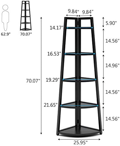 Tribesigns 70 inch Tall Corner Shelf, 5 Tier Modern Corner Bookshelf Bookcase Industrial Corner Ladder Shelf Plant Stand for Living Room, Kitchen, Home Office (Black)