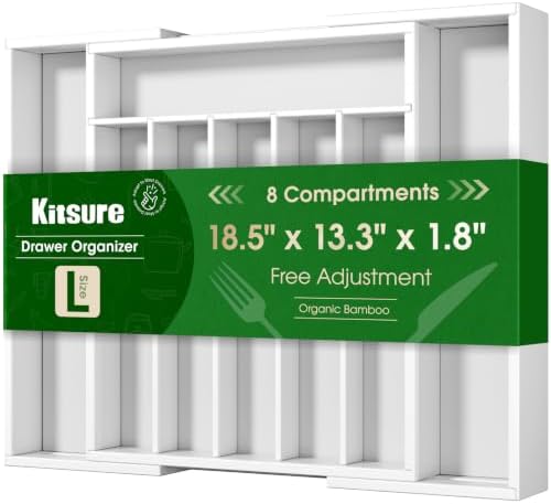 Kitsure Silverware Organizer, Bamboo Kitchen Drawer Tray, White, Large