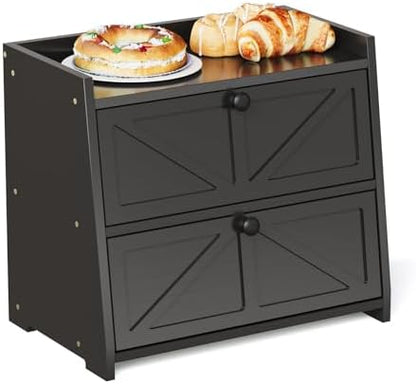 Trironsun Vintage Double Layer Bread Box for Kitchen Counter Bamboo Bread Storage Container Large Capacity Bread Storage Bin (Black)