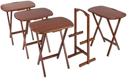 Winsome Lucca Set of 4 Foldable Snack Tables with Storage Rack, Teak