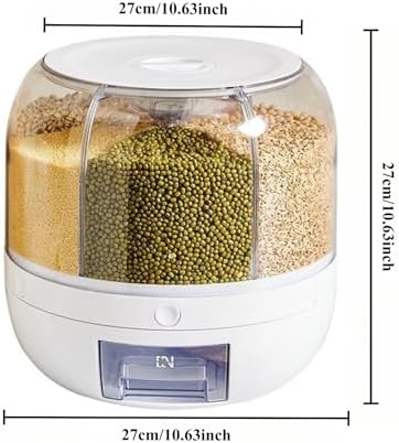 Rice Dispenser, 6-Compartment Rotating Grain Storage Container, Large