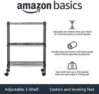 Amazon Basics 3-Shelf Adjustable Heavy Duty Storage Shelving Unit on 2" Wheels, Metal Wire Rack for Garage, Utility Shelving with Leveling Feet, 23.2"L x 13.4"W x 32.75"H, Black
