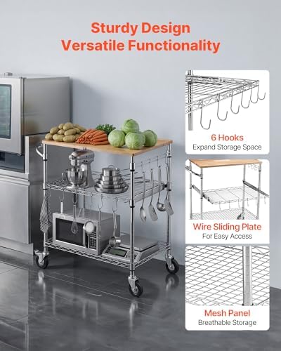 VEVOR Kitchen Utility Cart, 3-Tier Rolling Kitchen Cart with Wood Tabletop and Handle Bar, 661 lbs Capacity Heavy Duty Adjustable Wire Storage Rack, Steel Service Trolley on Wheels, 30 x 18 x 36 in