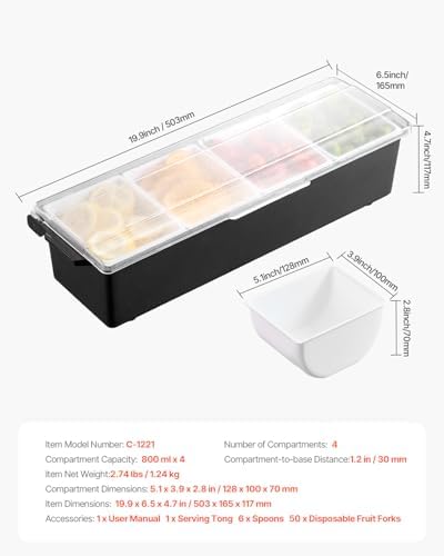 VEVOR Chilled Condiment Server, 4 Compartment Ice Cooled Condiment Serving Container, Chilled Garnish Tray Bar Caddy with Lid, for Bartending & Serving Taco, Salad, Fruit, Home & Restaurant Supplies