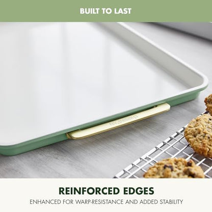 GreenPan Bakeware 13" x 9" Quarter Sheet Pan, Ceramic Nonstick Baking Pan, PFAS & BPA Free, Gold Handles, Durable Steel, Versatile & Space Saving Ovenware, Freezer to Oven Dish, Sage Green