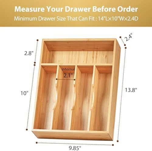 Umilife Kitchen Drawer Organizer, 10 Inch Silverware Utensil Tray Holder, Extra Deep, with Non-Slip Feet & Grooved Drawer Divider, 5 Slots Total Bamboo Wood Caddy for Flatware Cutlery Knives