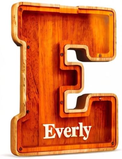 Summidate Customized Name Large Wooden Piggy Bank for Kids Boys Girls Alphabets Letter A-Z Coins Bills Money Change Bank Box Initial on Clear Cover (Laser Engraved) (Alphabet-D, Personalized-9")