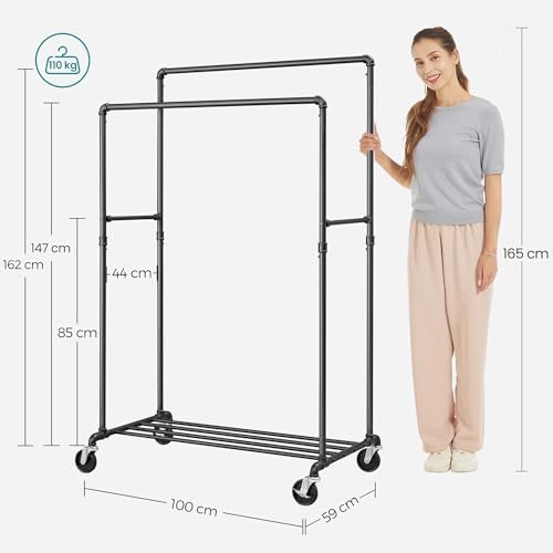 SONGMICS Heavy-Duty Clothes Rack, Double-Rod, Metal Frame on Wheels