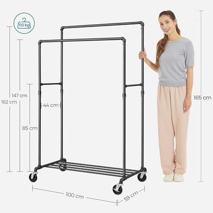 SONGMICS Heavy-Duty Clothes Rack, Double-Rod, Metal Frame on Wheels