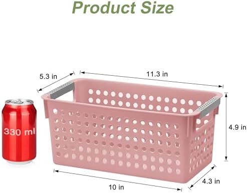 Soddeph 4 Pack Slim Plastic Storage Basket with Handles, Rectangular Storage Bins for Shelves,Narrow Organizer box for Organizing, Kitchen,Home,Office(Pink, Small)