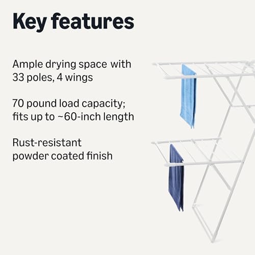 Amazon Basics Foldable Space-Saving 4-Wing Metal Clothes Drying Rack, 61x23.6x49.6 inches, White