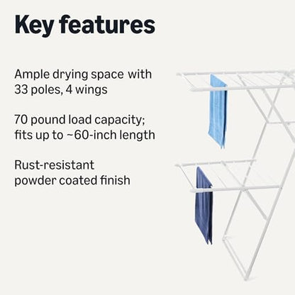 Amazon Basics Foldable Space-Saving 4-Wing Metal Clothes Drying Rack, 61x23.6x49.6 inches, White