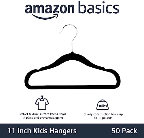Amazon Basics Kids Space Saving Velvet Non-Slip Clothes Hangers with Shoulder Notches for Infant and Toddler, 11.6", Black, 50-Pack