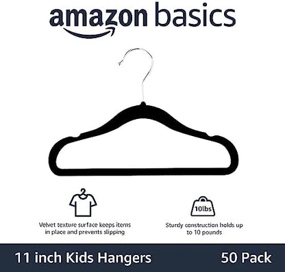 Amazon Basics Kids Space Saving Velvet Non-Slip Clothes Hangers with Shoulder Notches for Infant and Toddler, 11.6", Black, 50-Pack