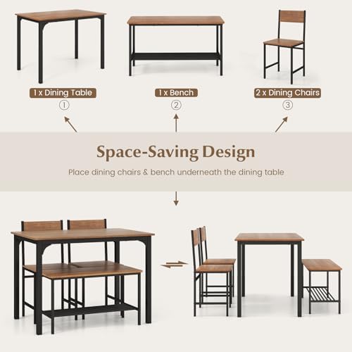 COSTWAY Dining Table Set for 4 w/Bench & 2 Chairs, Storage Racks, Brown