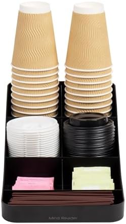 Mind Reader 7-Compartment Coffee Condiment Organizer, Cup and Lid Holder, Countertop Station for Coffee Bar, Breakroom, Kitchen, Set of 2, Black