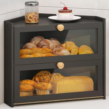 JANSNIMEN Corner Bread Box for Kitchen Countertop Bamboo Bread Holder Large Capacity Bread Container Storage Wooden Farmhouse Breadbox (Black, 16.6" L x 13" W x 15.75" H)