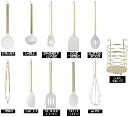 COOK WITH COLOR Silicone Cooking Utensils, Kitchen Utensil Set, Easy to Clean Silicone Kitchen Utensils, Cooking Utensils for Nonstick Cookware, Kitchen Gadgets Set with Holder, 11 Pieces