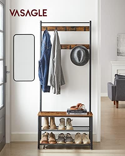VASAGLE Coat Rack, Hall Tree with Shoe Storage Bench, 3-in-1, Steel Frame