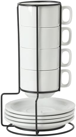Gibson Home Gracious Dining 7-Ounce Cappuccino Cups Set of 4, Stackable Coffee Cups with 4 Saucers, Metal Stand, Coffee Mugs for Latte, Café, Mocha, Tea