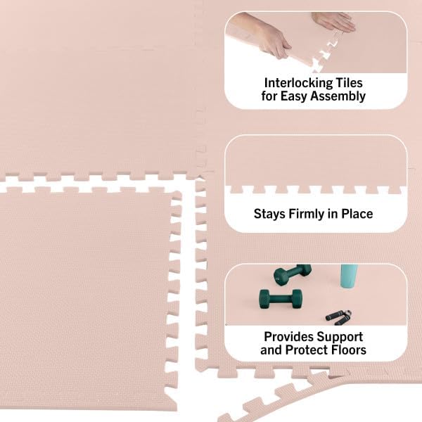 Foam Floor Tiles - 96sqft Soft Nontoxic Baby Play Mat - Interlocking Puzzle Mat for Baby, Kids Playroom, or Home Gym Flooring by Stalwart (Light Pink)