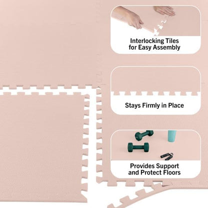 Foam Floor Tiles - 96sqft Soft Nontoxic Baby Play Mat - Interlocking Puzzle Mat for Baby, Kids Playroom, or Home Gym Flooring by Stalwart (Light Pink)