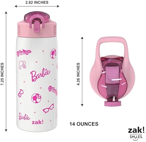 Zak Designs Barbie Porter Water Bottle for Travel and At Home, 19 oz Vacuum Insulated Stainless Steel with Locking Spout Cover, Built-In Carrying Loop, Leak-Proof Design (Barbie)