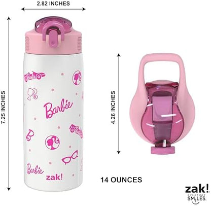 Zak Designs Barbie Porter Water Bottle for Travel and At Home, 19 oz Vacuum Insulated Stainless Steel with Locking Spout Cover, Built-In Carrying Loop, Leak-Proof Design (Barbie)
