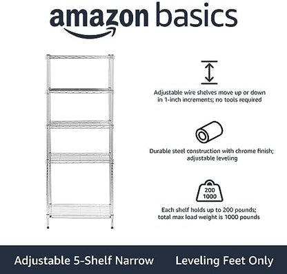Amazon Basics 5-Shelf Adjustable Storage Shelving Unit for Garage, Steel Wire Rack, 200 Pound Loading Capacity per Shelf, 23.2" x 13.4" x 60", Chrome Finish