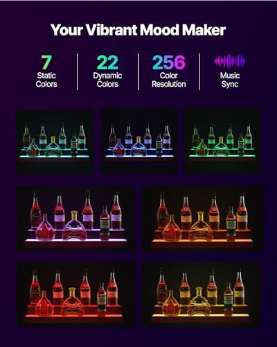 VEVOR LED Lighted Liquor Bottle Display, 2-Tier 30-Inch Whiskey Rack, Support USB, Illuminated Home Bar Shelf with RF Remote & App Control, 7 Static Colors, Acrylic+ Wood Lighted Shelf for 15 Bottles