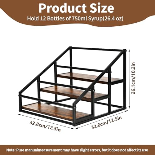YQBRAO 3-Tier Coffee Syrup Organizer, 12-Bottle Rack, Rustic Brown