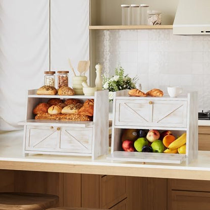 Trironsun Vintage Double Layer Bread Box for Kitchen Counter Bamboo Bread Storage Container Large Capacity Bread Storage Bin (Antique White)