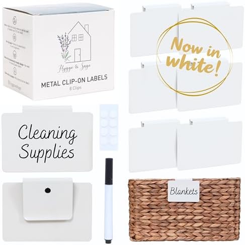 Hygge & Sage: Metal Non-Slip Basket Labels Clip On for Storage Bins, or Wire Racks | Includes 8 Labels, 8 Non-Slip Pads, and 1 Free Marker (White)