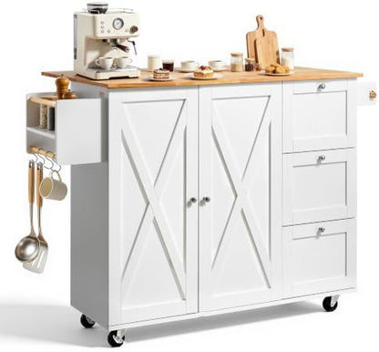 VEVOR Kitchen Island Cart, 45.3x39 inch Rolling Kitchen Table, Mobile Carts with Storage Cabinet and Solid Wood Top, Portable Islands with Wheels, Spice Rack, Towel Rack, Drop Leaf and Drawer, White