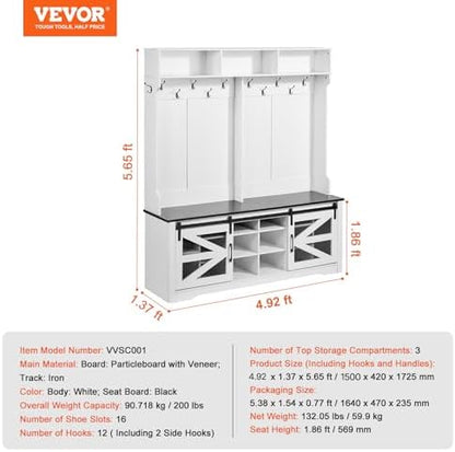 VEVOR Hall Tree Entryway Bench, LED Coat Rack with Shoe Storage, 59" Wide Mudroom Bench with Storage and Seating, Adjustable Shelves and 12 Hanging Hooks, for Mudroom, Entryway, Hallway