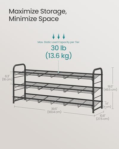 SONGMICS 3-Tier Long Stackable Metal Shoe Rack, Holds Up to 15 Pairs
