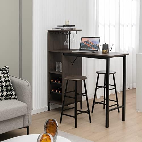 COSTWAY 3 Pieces Bar Table and Chair Set, Industrial Pub Table & Stools with Wine Glass Holders & 6-Bottle Wine Racks, Counter Height Dining Table Set for Living Room Dining Room Kitchen, Brown