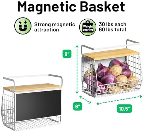 Ofiray-home Magnetic Shelf for Fridge with Wood Lid, Fruit Potato and Onion Storage Bins, Pantry Organizers & Storage, Large Container Magnetic Spice Rack for Refrigerator, Kitchen Counter (White, 2)
