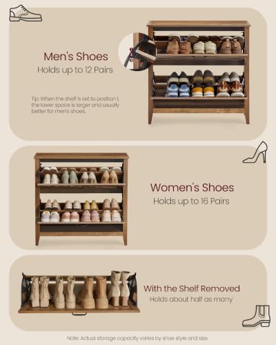 VASAGLE Farmhouse Shoe Cabinet, Narrow Storage Organizer, 2 Flip Drawers