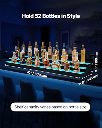 VEVOR LED Lighted Liquor Bottle Display, 3 Tier 70 Inch, Illuminated Home Bar Shelf with RF Remote & App Control, 7 Static Colors, Acrylic Lighted Whiskey Shelf for 52 Bottles, Powered by Adapter Only