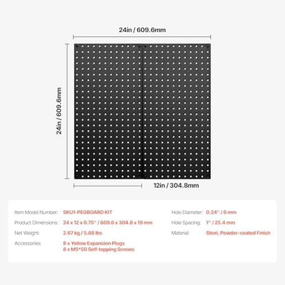VEVOR Metal Pegboard Panels, 24" x 12" Pegboard, 2 Panels, Heavy Duty Steel Peg Board Wall Organizer, for Living Room Garage Tool Storage Workbench Office Organization Craft Room Kitchen Home, Black