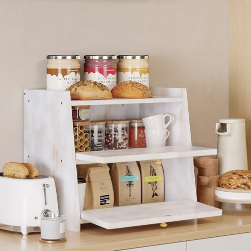 Trironsun Vintage Double Layer Bread Box for Kitchen Counter Bamboo Bread Storage Container Large Capacity Bread Storage Bin (Antique White)