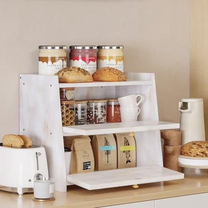 Trironsun Vintage Double Layer Bread Box for Kitchen Counter Bamboo Bread Storage Container Large Capacity Bread Storage Bin (Antique White)