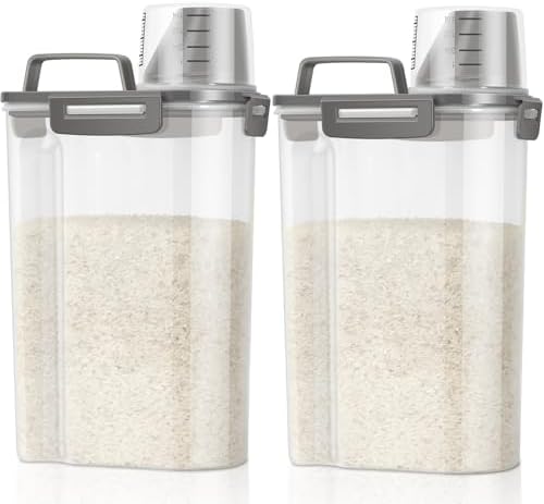 TBMax Rice Container Cereal Storage Container 2 Pack 5 Lbs, Kitchen Pantry Dry Food Storage Holder with Easy-Pouring Spout & Handy Cup, Small Pet Dog Cat Food Dispenser for Daily Feeding -Grey